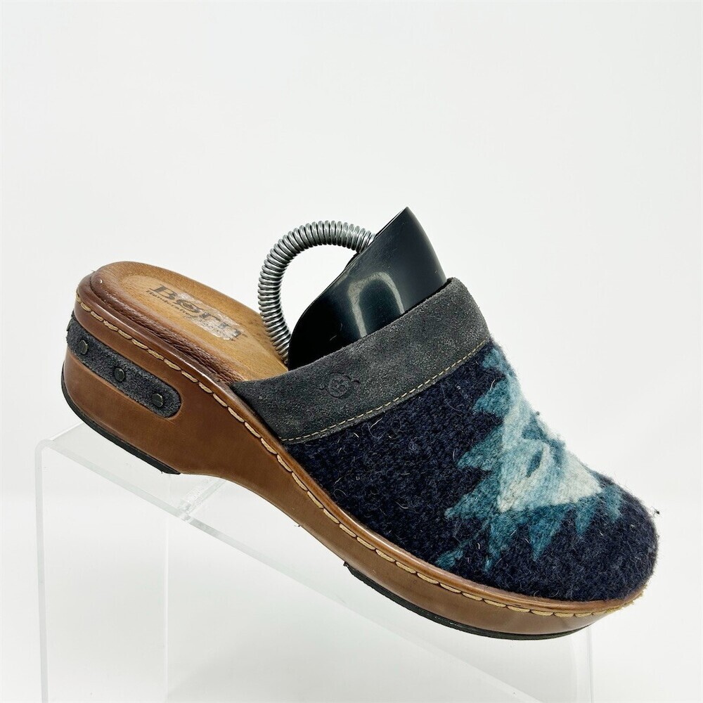 Born Bandy Blanket Clog Mule Shoes Womens Navy Blue Aztec Southwestern Size 6
